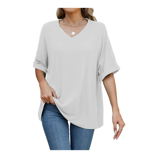 Famulily V Neck Short Sleeve Oversized T Shirt for Women